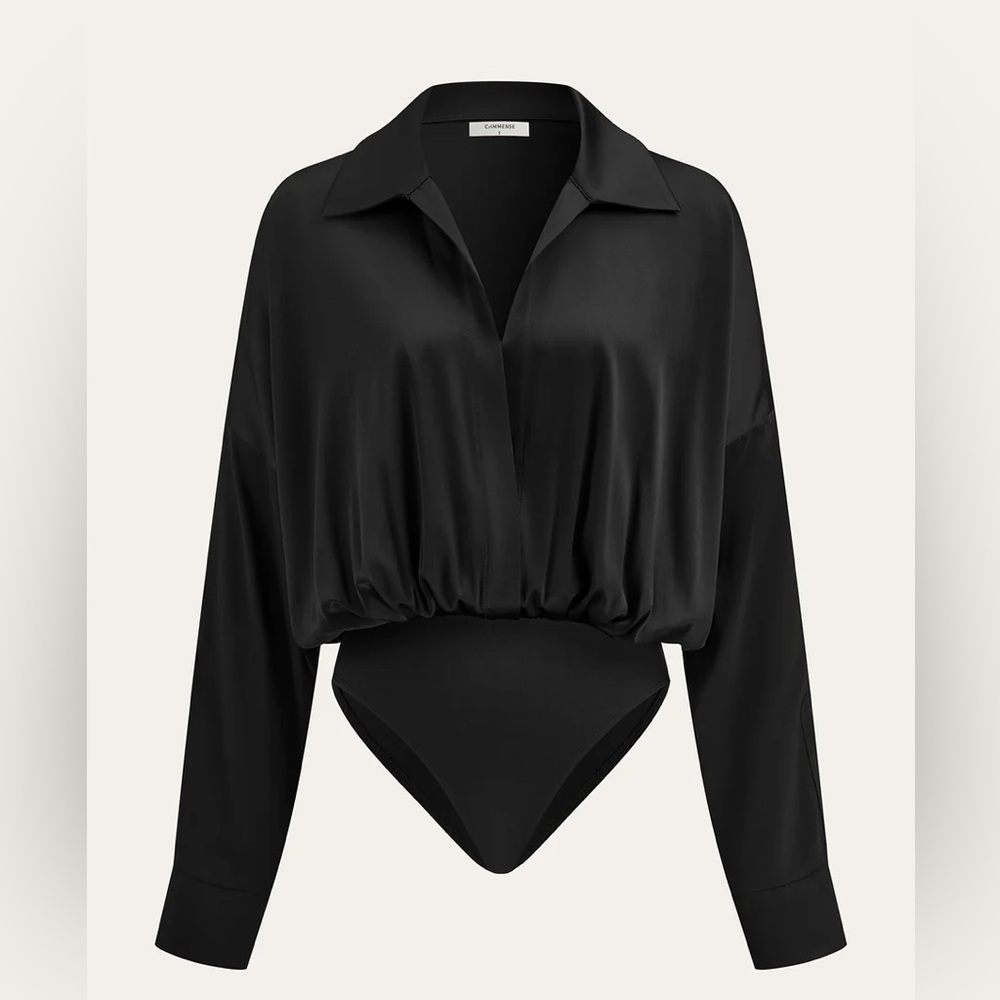 Commense Satin Collared Long Sleeve Bodysuit
